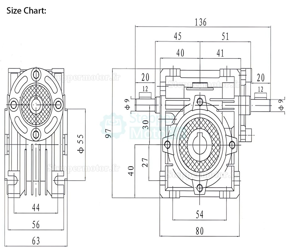 R&eacute;ducteur &agrave; vis sans fin s&eacute;rie NRV030-VS, rapport 5:1 &agrave; 80:1, arbre d'entr&eacute;e 9 mm, al&eacute;sage de sortie 14 mm, avec double arbre d'entr&eacute;e